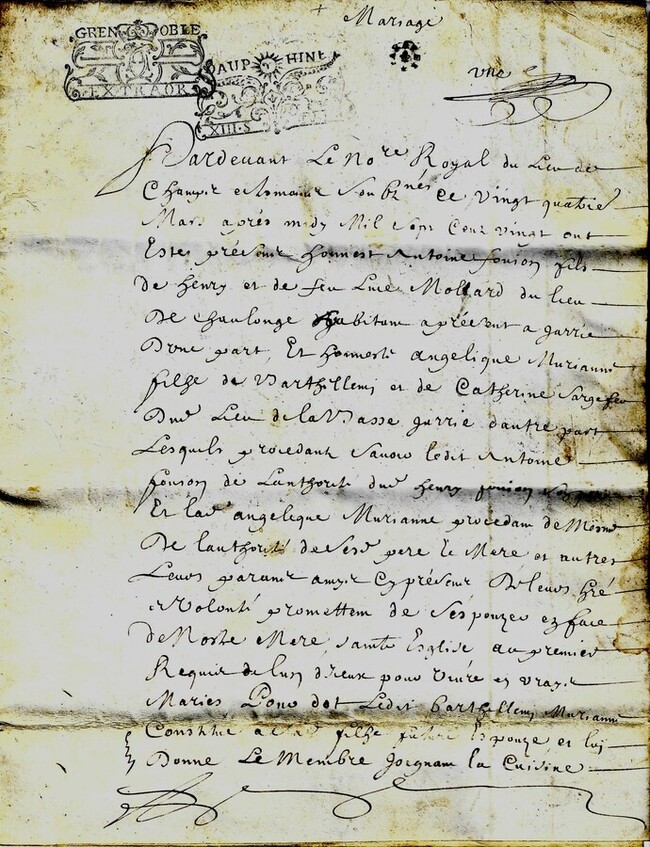 Contrat de mariage Grenoble 1720