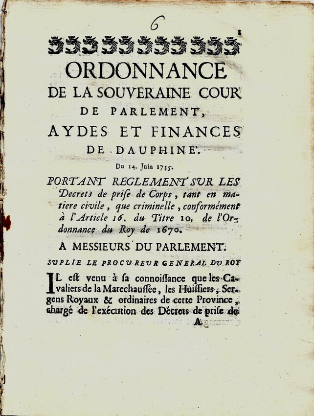 Ordonnance sur les arrestations 1735 Dauphin&eacute;